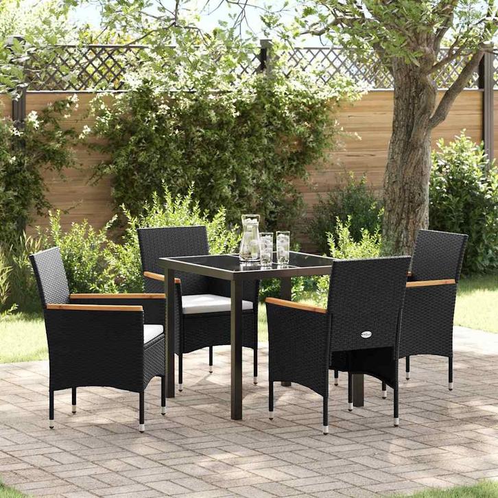 vidaXL Tuin Eettafel Set met kussen 5 pcs Zwart Poly rattan, Tuin en Terras, Tuinsets en Loungesets, Nieuw, Verzenden