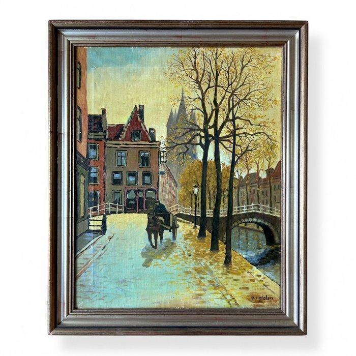 Scuola europea (XX), firmato P.C. Platen - Calesse a Delft, Antiek en Kunst, Kunst | Schilderijen | Klassiek