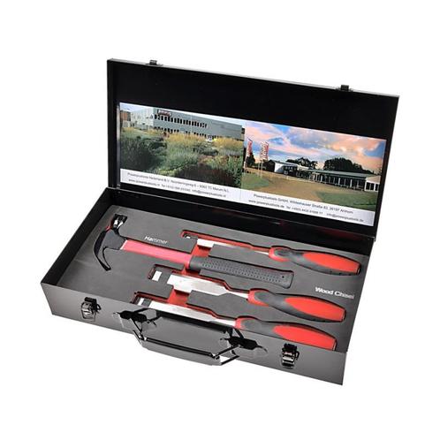 Houtbeitelset en klauwhamer in metal opbergbox, Doe-het-zelf en Bouw, Gereedschapskisten, Ophalen of Verzenden