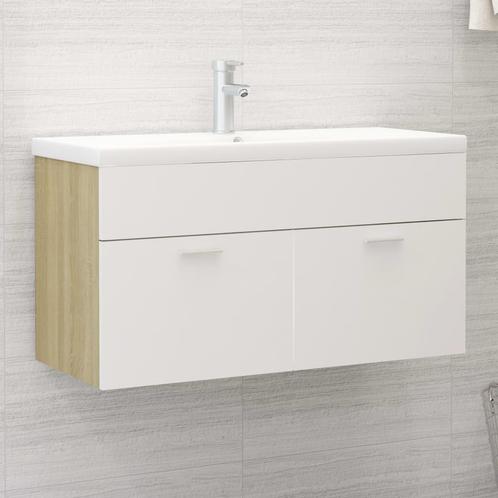 vidaXL Wastafelkast 90x38,5x46 cm bewerkt hout wit en sonoma, Huis en Inrichting, Badkamer | Badkamermeubels, Nieuw, Verzenden