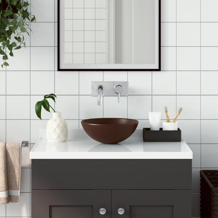 vidaXL Wastafel rond keramiek donkerbruin, Doe-het-zelf en Bouw, Sanitair, Nieuw, Verzenden