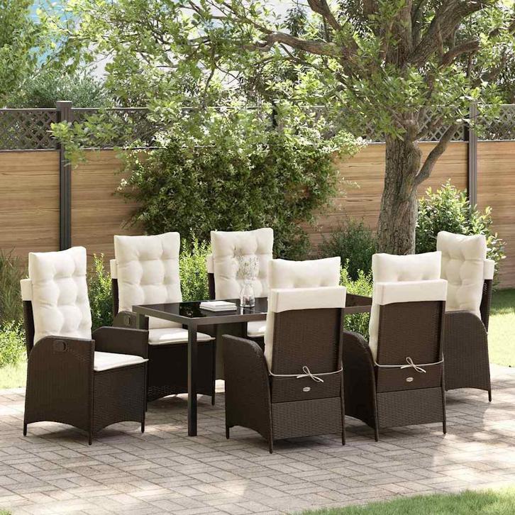 vidaXL Tuin Eettafel Set met kussen 7 pcs Bruin poly rattan, Tuin en Terras, Tuinsets en Loungesets, Nieuw, Verzenden
