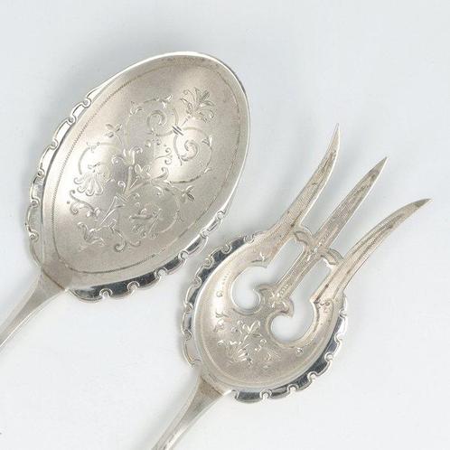 Koch & Bergfeld Art-Nouveau Salade couvert - Couverts de, Antiek en Kunst, Antiek | Zilver en Goud