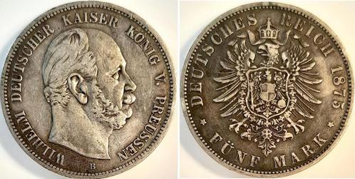 Duitsland 5 Mark Wilhelm I 1875b ss+ zilver, Timbres & Monnaies, Monnaies | Europe | Monnaies non-euro, Envoi