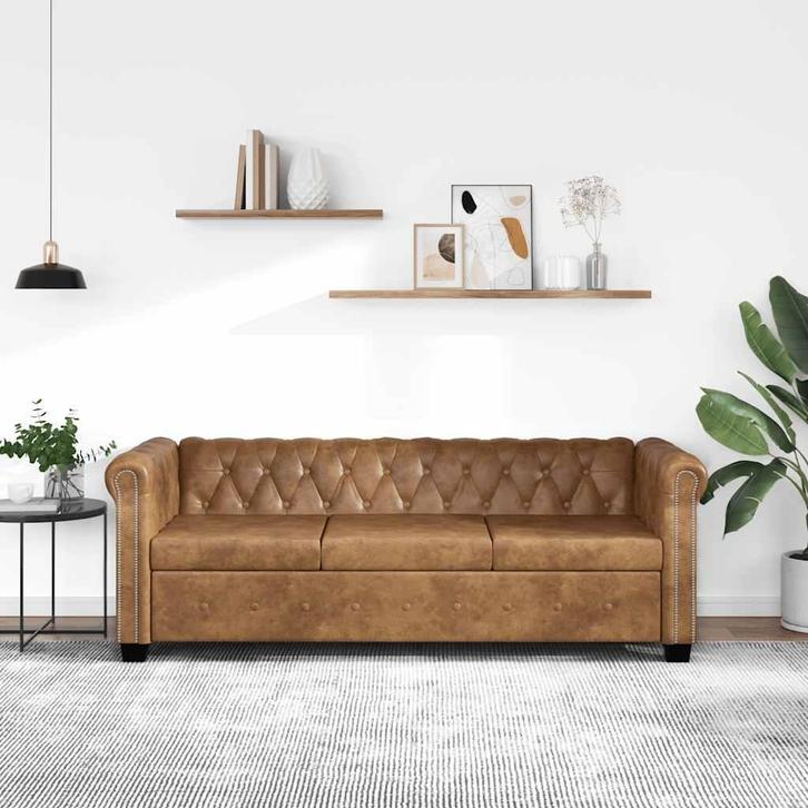 vidaXL Driezitsbank Chesterfield-stijl kunstleer bruin, Huis en Inrichting, Zetels | Zetels, Nieuw, Verzenden