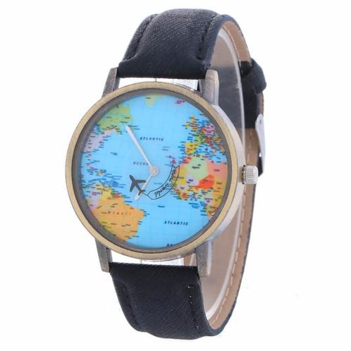 Fako® - Horloge - Mini World - Vliegtuig - Zwart, Handtassen en Accessoires, Horloges | Dames, Verzenden