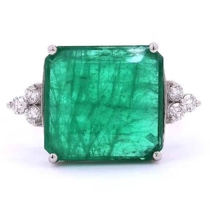 Zonder minimumprijs - Ring Platina - 6.18ct. tw. Smaragd -, Handtassen en Accessoires, Ringen