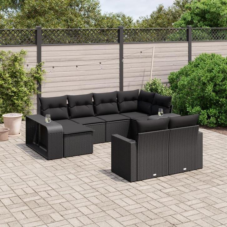 vidaXL 10-delige Loungeset met kussens poly rattan zwart, Tuin en Terras, Tuinsets en Loungesets, Nieuw, Verzenden