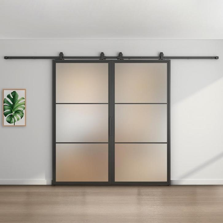 Dubbele stalen schuifdeur - 3 Vlaks - Mat glas *, Doe-het-zelf en Bouw, Raamkozijnen en Schuifdeuren, Inclusief glas, Nieuw, Metaal