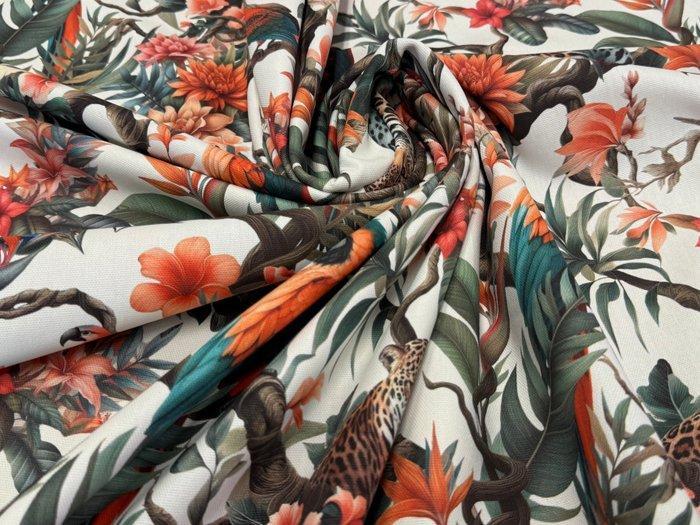 Giungla Incantata: katoenen stof met een jaguar en tropische, Antiquités & Art, Tapis & Textile