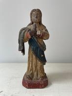 Figurine - Polychroom beeldje van een Heilige - Eiken