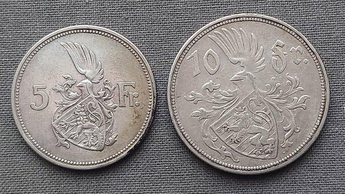 Luxemburg. 5 & 10 Francs 1929 / Grand Duchess Charlotte, Postzegels en Munten, Munten | Europa | Niet-Euromunten