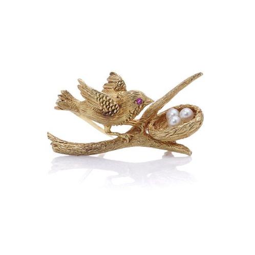 Broche Antieke Franse 18kt gouden vogel broche, Handtassen en Accessoires, Antieke sieraden
