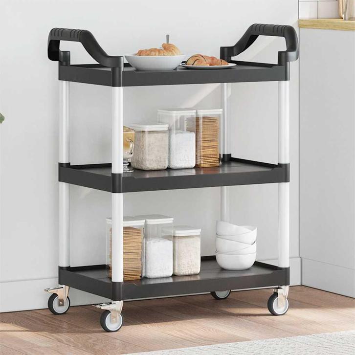 vidaXL Trolley 3-laags 81x41x92 cm aluminium zwart, Huis en Inrichting, Keuken | Keukenbenodigdheden, Nieuw, Verzenden