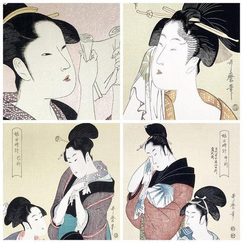 4 Pieces of Bijin-ga() Ukiyo-e - Kitagawa Utamaro, Antiek en Kunst, Antiek | Overige Antiek
