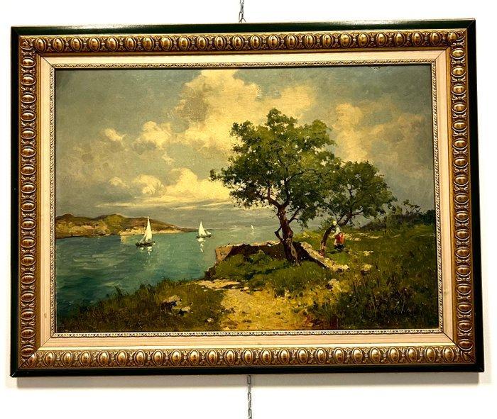 Giuseppe Buscaglione (1868-1928) - Grande paesaggio lacustre, Antiek en Kunst, Kunst | Schilderijen | Klassiek