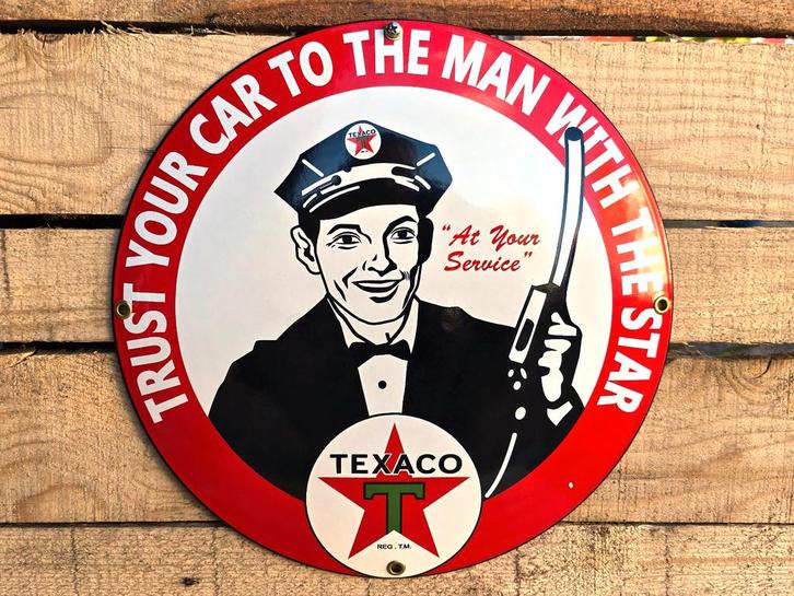 Texaco "Trust Your Car to the Man with the Star" - Emaille b, Verzamelen, Merken en Reclamevoorwerpen, Verzenden