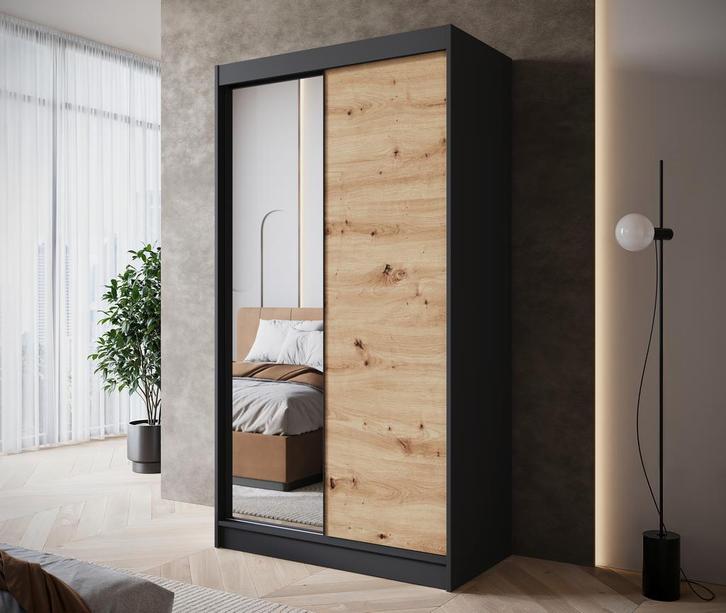 Kledingkast 120cm zwart Schuifdeuren - met spiegel, Huis en Inrichting, Kasten | Overige, Nieuw, Verzenden