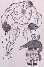 Fascisten bewonderen boxer Primo Carnera op spotprent, Antiek en Kunst, Verzenden