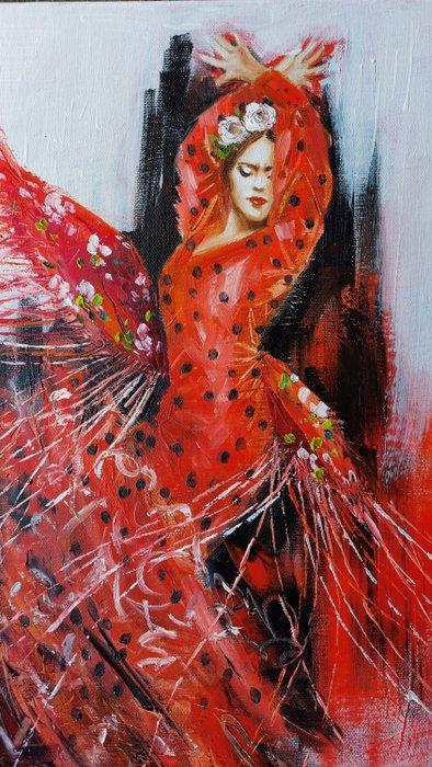 Elisa Brindani - Ballerina di flamenco con abito rosso a, Antiek en Kunst, Kunst | Schilderijen | Modern