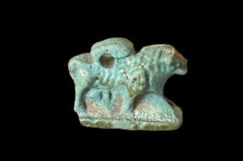 Oud-Egyptisch Faience Leeuwenamulet. Spaanse, Verzamelen, Mineralen en Fossielen