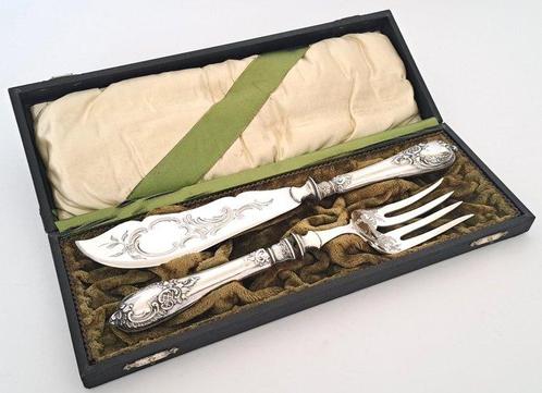 Antiek dienbestek met zilveren heft in originele etui, ca., Antiek en Kunst, Antiek | Zilver en Goud