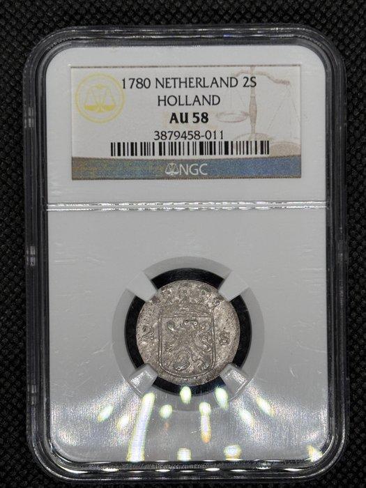 Nederland, Holland 2 Stuiver 1780 NGC AU58 (Zonder, Postzegels en Munten, Munten | Nederland