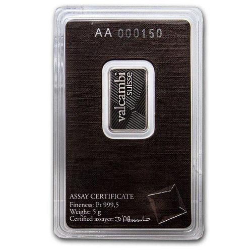 5 gram - Platina .999 - 5 Gram Valcambi Suisse Platinum Bar, Postzegels en Munten, Edelmetalen en Baren