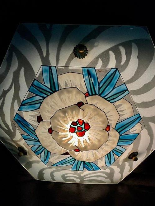 Maxo , Art Deco hanglamp met abstract floraal geëmailleerde, Antiek en Kunst, Kunst | Designobjecten
