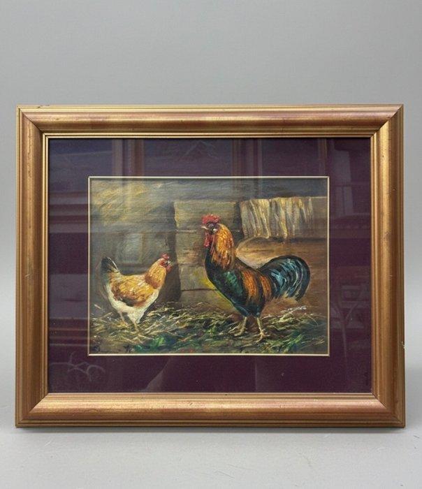 Roberto Scognamiglio (1883-1965) - Gallo e Gallina, Antiquités & Art, Art | Peinture | Classique