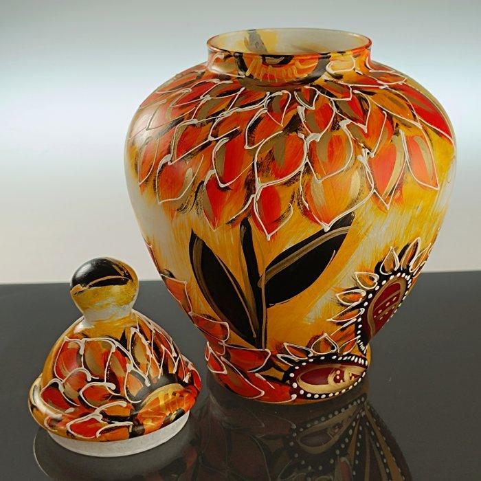 dekselvaas - Emaille, Glas - Met de hand beschilderde vaas, Antiek en Kunst, Antiek | Glaswerk en Kristal