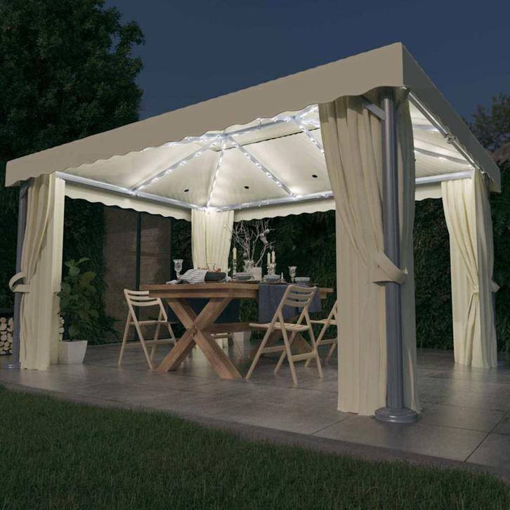 vidaXL Prieel met gordijn en LED-lichtslinger 4x3 m crèmewit, Tuin en Terras, Partytenten, Nieuw, Verzenden