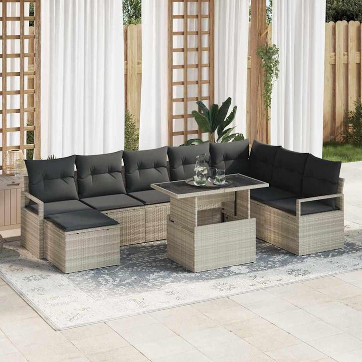 vidaXL Tuinbank Set met opslag 9 pcs Lichtgrijs Poly rattan, Tuin en Terras, Tuinsets en Loungesets, Nieuw, Verzenden