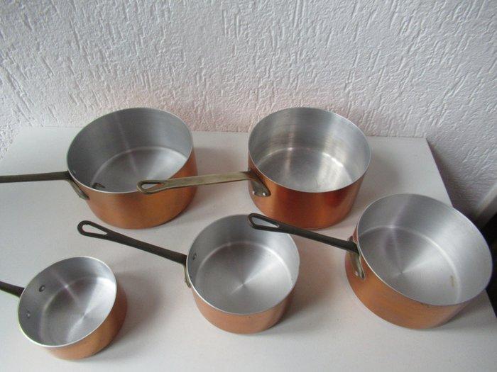 Pan - 5 Koperen pannen - Koper - koperen pannen, Antiek en Kunst, Antiek | Keukengerei