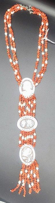 Corail rouge Corail - Collier corallo perle e cammeo (Sans, Verzamelen, Mineralen en Fossielen