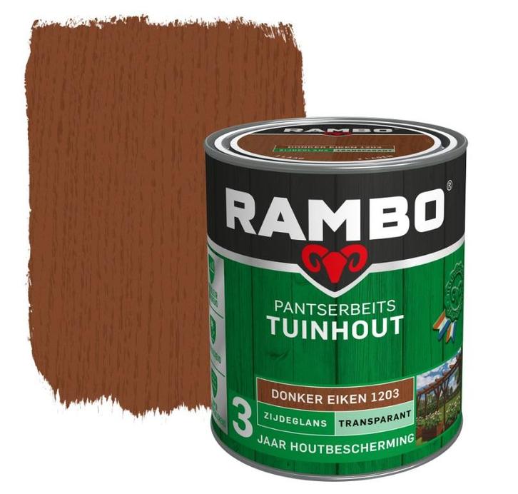 Rambo Pantserbeits Tuinhout Zijdeglans Donker Eiken 1.5L, Doe-het-zelf en Bouw, Verf, Beits en Lak, Nieuw, Verzenden