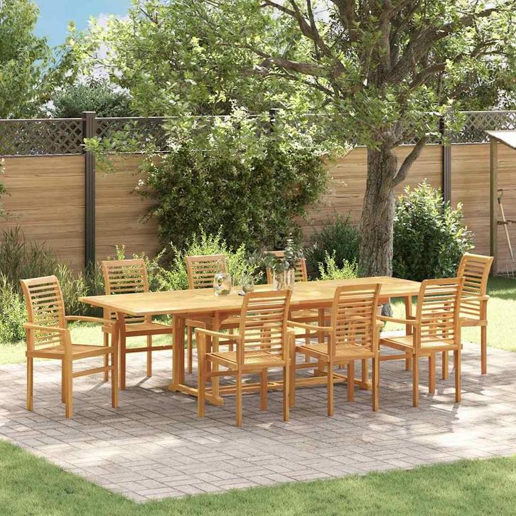 vidaXL Tuin Eettafel Set 9 pcs Bruin Massief Teakhout, Tuin en Terras, Tuintafels, Nieuw, Verzenden