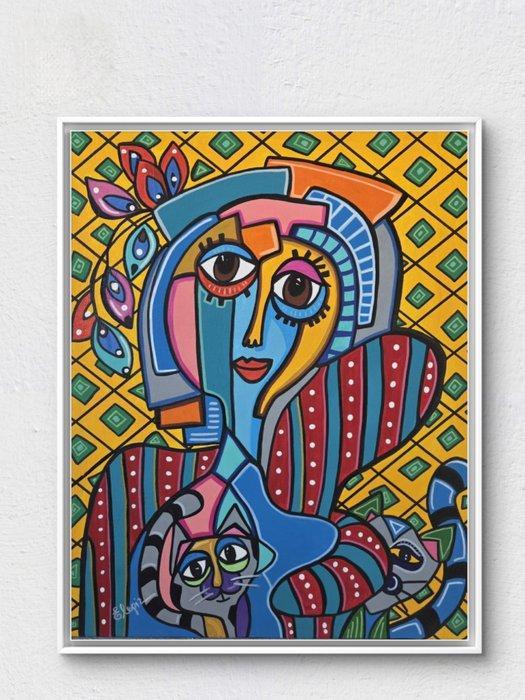 Elena Girardi - LA DONNA E I DUE GATTINI, Antiek en Kunst, Kunst | Schilderijen | Modern