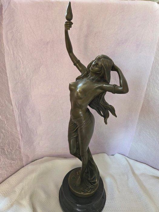 A. Moreau - Statue, Girl with torch - 70 cm - Bronze, Antiek en Kunst, Curiosa en Brocante