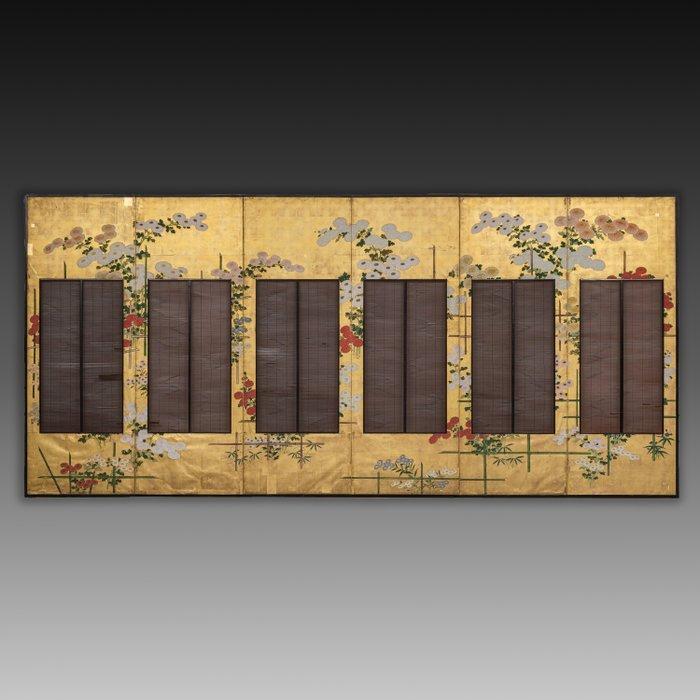 Byôbu écran pliant - Papier, Feuille dor, bois laqué,, Antiquités & Art, Antiquités | Autres Antiquités