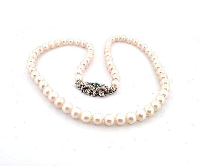 Halsketting - 18 karaat Witgoud Parel - Smaragd, Handtassen en Accessoires, Kettingen