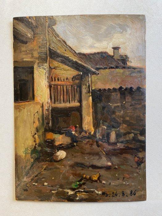 Lorenzo Delleani (1840-1908) - Cortile del casolare, Antiek en Kunst, Kunst | Schilderijen | Klassiek