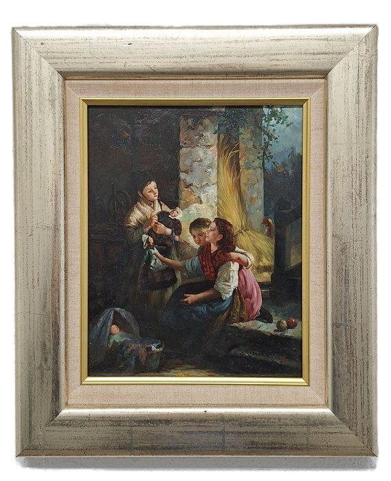 Hollandse School (XX) - Kinderen spelend met hun poppen, Antiquités & Art, Art | Peinture | Classique