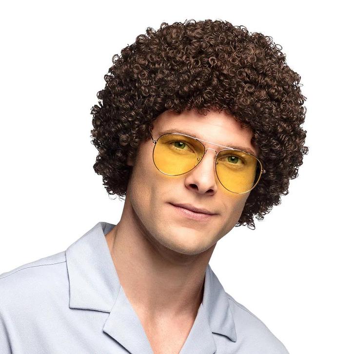 Donkerbruine Pruik Krullen, Hobby en Vrije tijd, Feestartikelen, Nieuw, Verzenden