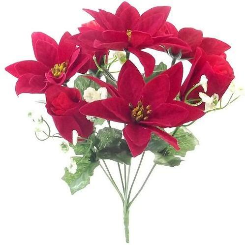 Kerstroos +roosboeket poinsettia boeket 7 knoppen rood/wit, Maison & Meubles, Accessoires pour la Maison | Plantes & Fleurs artificielles