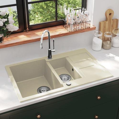 vidaXL Gootsteen dubbele bakken graniet beige, Huis en Inrichting, Keuken | Keukenelementen, Nieuw, Verzenden