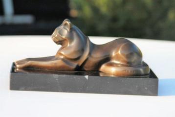 Statue, liggende kat - 12 cm - marbre bronzé, Antiek en Kunst