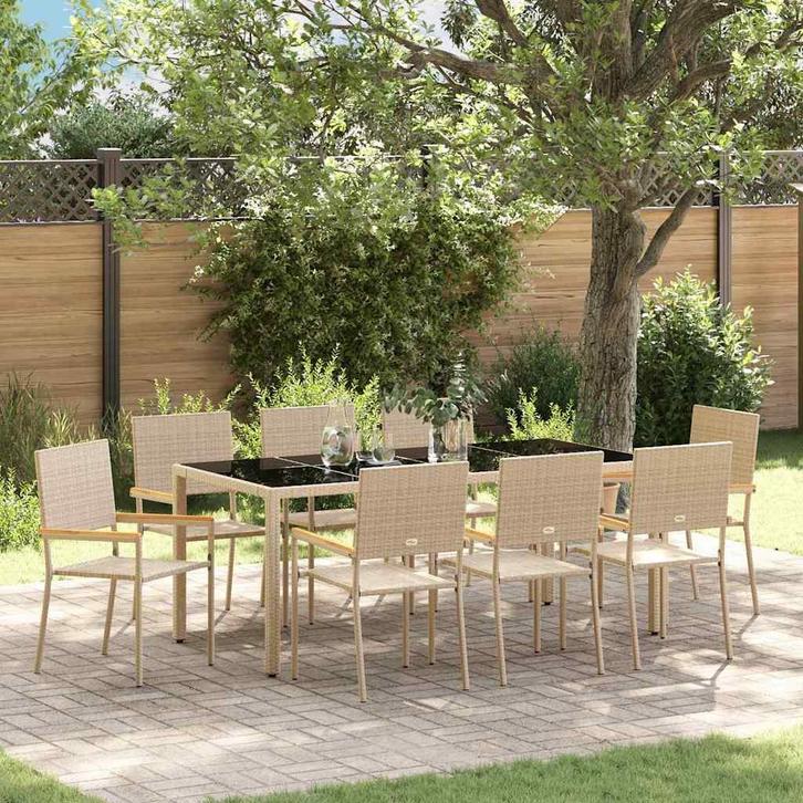vidaXL Tuin Eettafel Set 9 pcs Beige poly rattan, Tuin en Terras, Tuinstoelen, Nieuw, Verzenden