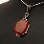 Zilver, Grote Art Deco, Carneool - Ketting met hanger -