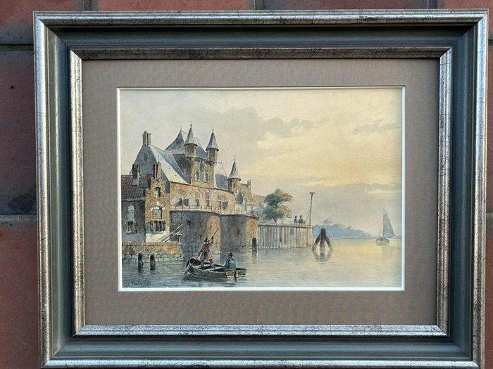 Petrus Gerardus Vertin , (1819 - 1893) - Stadszicht bij het, Antiek en Kunst, Kunst | Schilderijen | Klassiek